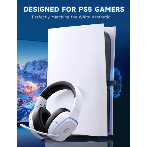 Gvyugke 2.4GHz Wireless Gaming Headsets for PS5, PS4, PC, Switch, White | Bluetooth 5.3 Gaming Headphones with Noise Canceling Mic, 7.1 Surround Sound, 70H Battery, Blue Lighting