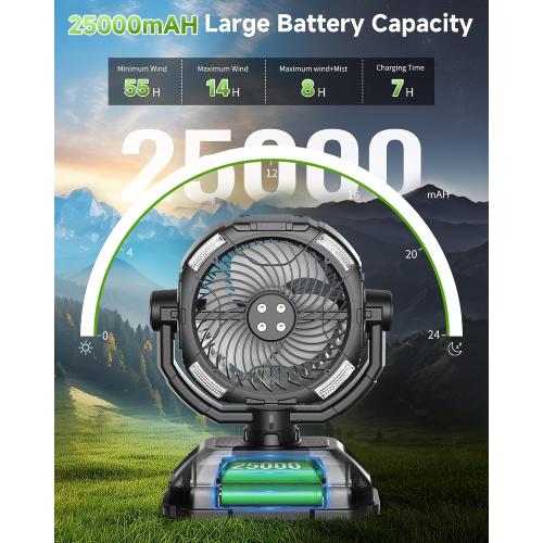 Misting fan with 7L bucket 90°Oscillating ,4 Spray Mister 25000mAh Rechargeable Camping fan with Remote Control Stepless Speed and Timer for Patios/Camping，Waterproof Design Outdoor Fans (Black)