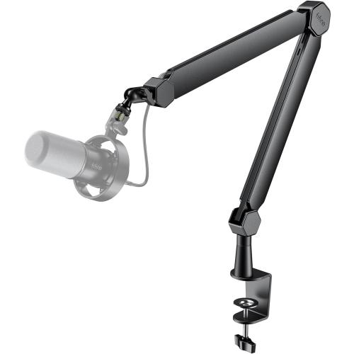 FIFINE Mic Arm Stand, Microphone Boom Arm with Desk Clamp, Cable Channels, 3/8 to 5/8 Threads, Heavy Metal Microphone Stand for Podcast, Vocal Recording, Gaming-BM66 Black