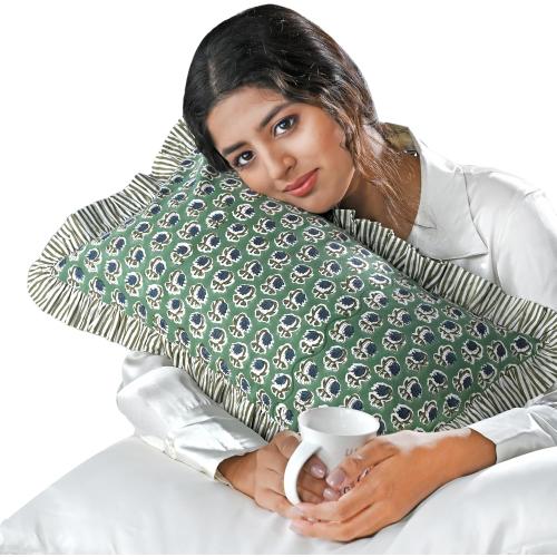 Ridhi Basil Green Block Print Ruffle Pillow Sham 20x12 Inch Set of 1