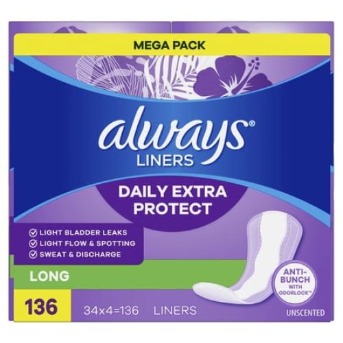 Always Anti-Bunch Xtra Protection Daily Liners, Long, Unscented, 136 CT