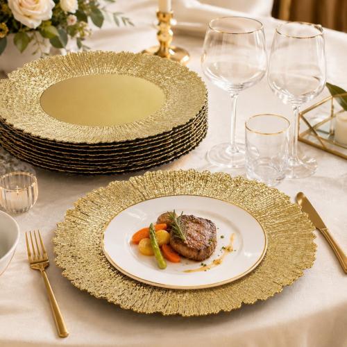 Coloch Set of 12 Gold Charger Plates, 13 Plastic Reef Serving Chargers for Dinner Plate Reusable Round Shiny Decorative Charger Plate for Wedding, Catering, Parties, Christmas, Home Dinner Use