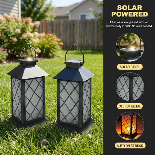 Solar Lanterns Outdoor Waterproof, 2 Pack 13 Metal & Glass Hanging Solar Lantern Lights, Cross Pattern IP46 Decorative Outdoor Solar Lanterns for Patio Table Yard Porch Garden Decor