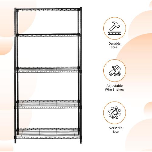 Amazon Basics 5-Shelf Adjustable Heavy Duty Steel Wire Storage Shelves for Garage, Kitchen, Easy Assembly, 36 x 14 x 72, Black