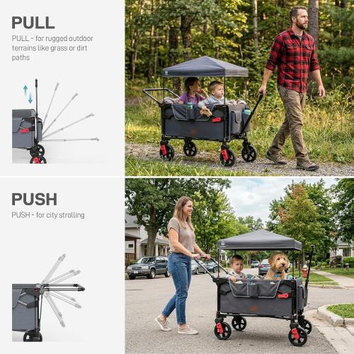 EVER ADVANCED Wagon Stroller for 2 Kids, Compact One-Step Fold Stroller Wagon with Adjustable Push/Pull Handles, Folding Wagon for Travel, Park & Beach, Includes Removable UV Canopy, Grey