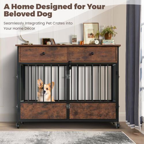 44.5 Dog Crate Furniture, Wooden Dog Kennel with Storage Drawers, Large Dog Cage with Wheels, Heavy Duty Wooden Dog Crate End Table with Steel Tubes for Big Breed