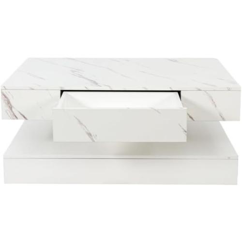 Polibi 16.93IN High LED Coffee Table with Remote Control - RGB Color Changing Light, Storage Drawer, Modern Design for Living Room, Farmhouse & Office, White