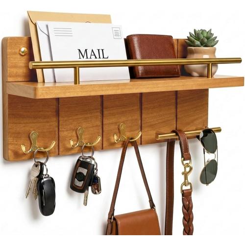 15.7” Solid Teak Wood Key Holder Wall Mount with Shelf and Hooks