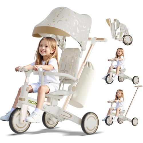 WinHope 9-in-1 Foldable Kids Tricycle with Push Handle and Canopy (White)