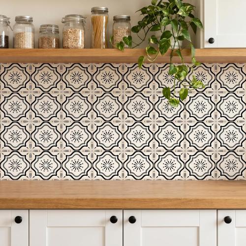 16 Pack, 5.9x5.9 Inch Black Moroccan Vinyl Decals, Mediterranean Peel and Stick Wall Stickers, Removable Decorative Decals for Kitchen, Bathroom, Stairs & Furniture