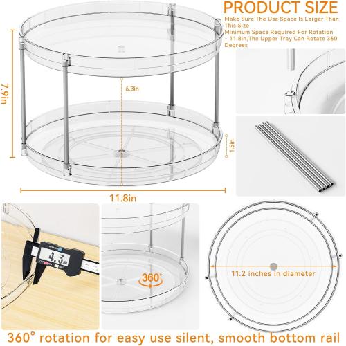 2 Tier Lazy Susan Turntable for Cabinet,Countertop,Pantry,12W Spinning Seasoning Organizer,Double Rotating Kitchen Spice Rack Organizer and Condiments,Medicine,Vitamin Bottle Organizer Carousels,1Pc