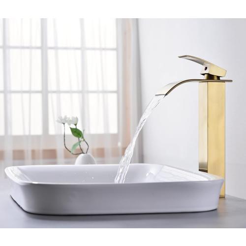 Tall Bathroom Vessel Faucet Champagne Brushed Gold, Waterfall