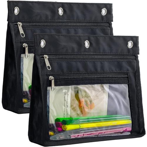 YoeeJob 2 Pack Expandable Pencil Pouches for 3 Ring Binders, Black