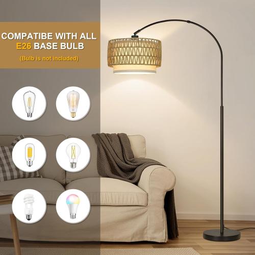Rattan Floor Lamp, Arc Floor Lamps for Living Room, Farmhouse Standing Lamp with Adjustable Hanging Fabric Shade, Tall Pole Lamp with Foot Switch, Over Couch Arched Reading Light for Bedroom, Office