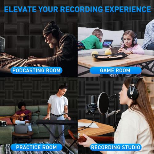 Focusound 120 Pack Acoustic Foam Panels 1 x 12 x 12 Sound Proof Foam Panels Soundproofing Noise Cancelling Wedge Panels for Home Office Recoding Studio with 600 PCS Double-Side Adhesive