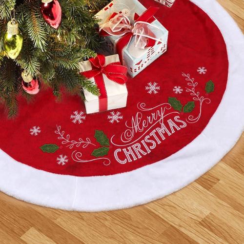 XAMSHOR Christmas Tree Skirt, 48 Inches Embroidered Xmas Tree Skirt with White Trim Holiday Party Ornaments Indoor Outdoor Decorations, Snowflake and Leaves Pattern Red