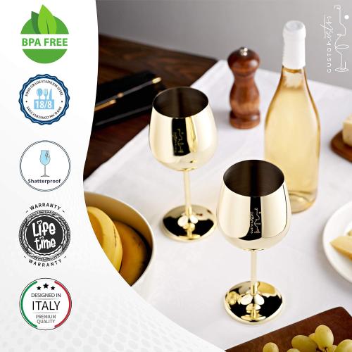 Gusto Nostro Stainless Steel Wine Glass - 18 oz Unbreakable Gold Wine Glasses for Travel, Camping and Pool - Fancy, Unique and Cute Portable Metal Wine Glass for Outdoor Events, Picnics (Set of 4)