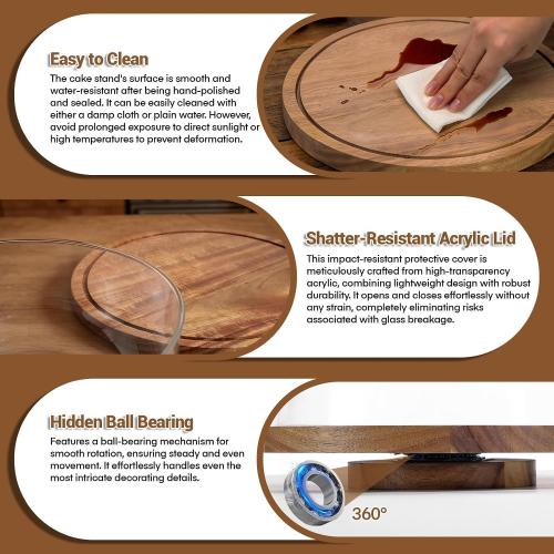 Rotating Cake Stand with Lid, 12in Wooden Cake Holder with Acrylic Dome, Flat Bottom Round Dessert Stand, Cake Display Stand for Baking, Wedding, Kitchen, Birthday, Parties(Not Glass Lid)