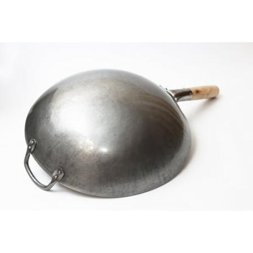 Craft Wok Traditional Hand Hammered Carbon Steel Pow Wok with Wooden and Steel Helper Handle (14 Inch, Round Bottom) / 731W88