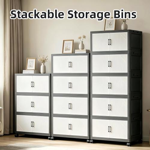 Color- black, Foldable Storage Cabinet with Doors and Wheels, 4 Tier Stackable Organizer, Freestanding Pantry Cabinet for Kitchen, Snacks, Toys, Bedroom, Home Office