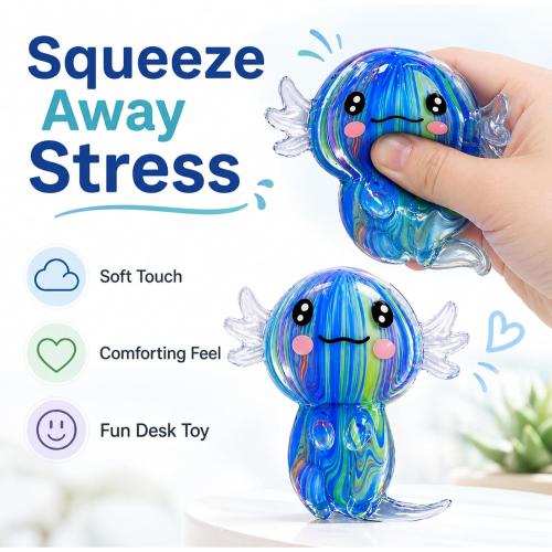 2 Packs Axolotl Squishy Stress Relief Toy, Glitter Stretchy Axolotls Stress Soft Squeeze Sensory Fidget Toys for Kids Adults, Cute Axolotls Squishies Party Favors Classroom