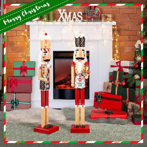 2 Pcs 32 Inch Large Christmas Nutcracker Outdoor Decoration Giant Xmas Wooden Nutcracker Figures Yard Sign Collectible for Porch Fireplace Indoor Outdoor Decorations(Gingerbread)