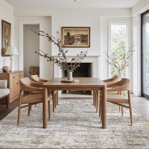 8x10 Grey Beige Washable Area Rug for Living Room, Vintage Print