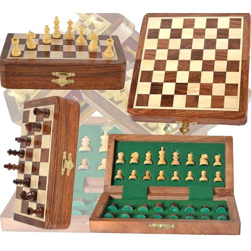 Magnetic Travel Pocket Chess Set - Staunton 7x7 Inch Folding Game Board - Handmade in Fine Rosewood - 2 Players, Age 14
