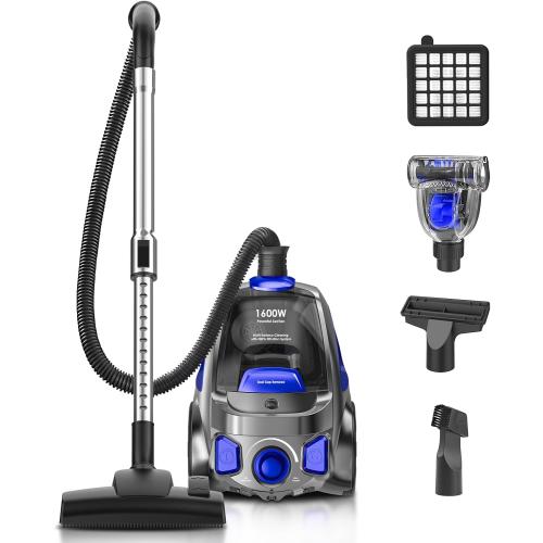 Canister Vacuum Cleaner, 40Kpa 1600W Cyclon Power, Dust Full Indicator, Double HEPA Filters, 3.7Qt Large Capacity, Lightweight Vac for Hard Floors, Carpets, Pet Hair, Blue