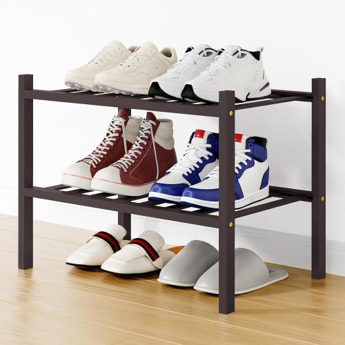 Smiry Bamboo Shoe Rack, 8 Vertical Slats, 2 Tier - 17.3 Wide, Brown