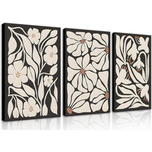 QGNBGBJ Framed Black Boho Flowers Plant Wall Art Abstract Botanical Flower Canvas Poster Vintage Bohemian Neutral Floral Prints Wall Decor Trendy Black Beige Floral Set for Girl Bedroom