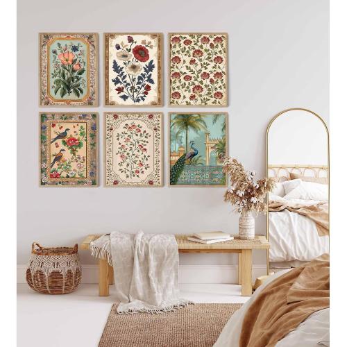 Indian Wall Art Vintage Floral Canvas Poster India Wall Decor Folk Flower Prints Scandinavian Pictures Antique Botanical Painting Gallery Artwork for Bedroom Living Room 8x10 Inch Unframed Set of 6