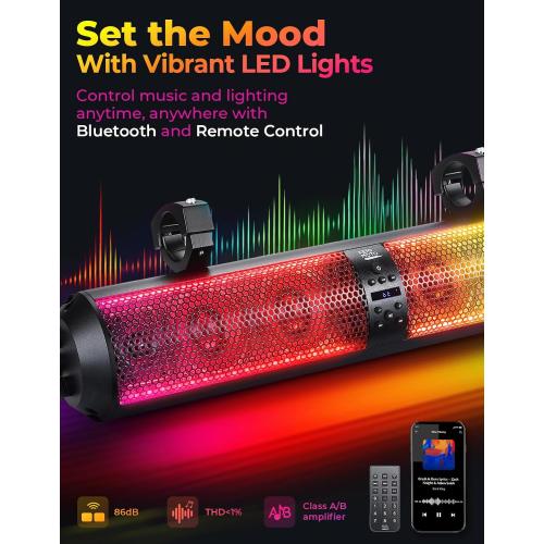 KEMIMOTO UTV Sound Bar 28 Inch ATV Soundbar 4X Subwoofers LED Party Lights Bluetooth Golf Cart Sound Bar 2X Tweeters Compatible with Polaris RZR Can-Am X3 Defender CFMOTO for 1.56- 2.25 Roll Cage