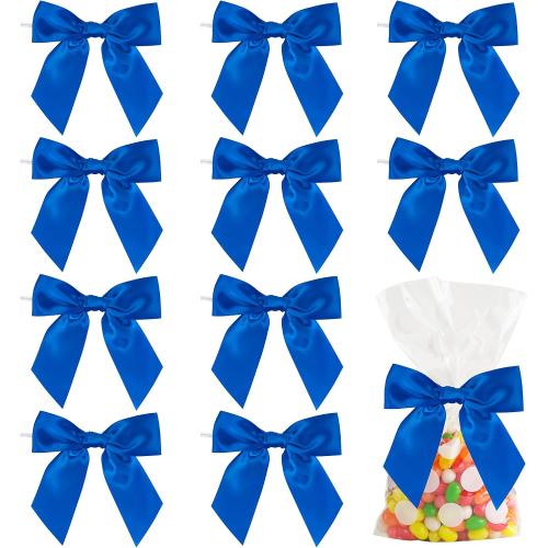 AIMUDI Royal Blue Satin Twist Tie Bows for Treat Bags - 4.5 Pre-Tied Bows for Gift Wrapping, Crafts, Baby Showers, Christmas, Weddings - 36 PCs