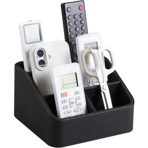 PU Leather Remote Control Holder, Nightstand Organizer with 4 Compartments
