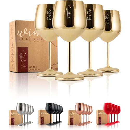Gusto Nostro Stainless Steel Wine Glass - 18 oz Unbreakable Gold Wine Glasses for Travel, Camping and Pool - Fancy, Unique and Cute Portable Metal Wine Glass for Outdoor Events, Picnics (Set of 4)