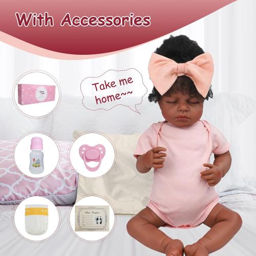18 Inch Realistic Black Reborn Baby Doll Closed Eyes – Lifelike African American Sleeping Baby Doll with Hand-Rooted Curly Hair & Soft Cloth Body, Realistic Newborn Gift for Kids and Collectors