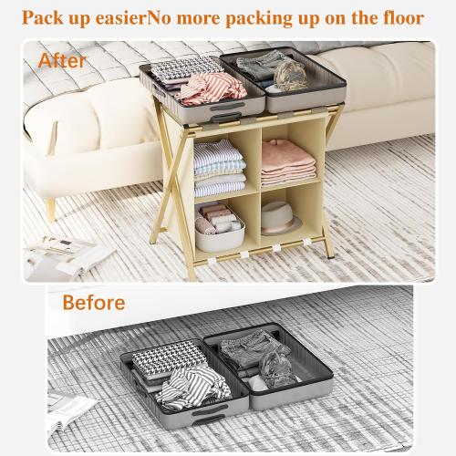 aboxoo Luggage Rack with storage, Guest Room Folding Suitcase Stands, Holds up to 120 lb, Space Saving Suitcase Holders for guest room, Bedroom Hotel, Gold