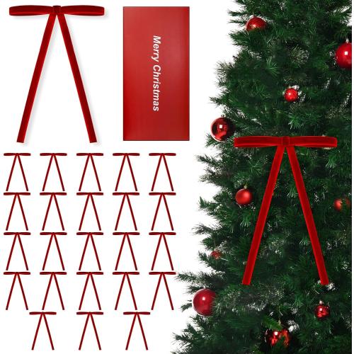 24 PCS Velvet Christmas Tree Bows，Christmas Wreath Bows,Rustic Crafts Gift Bows for Christmas Tree Indoor Outdoor Decoration(3/8'' Wide, 5 * 7 inch) (Red)