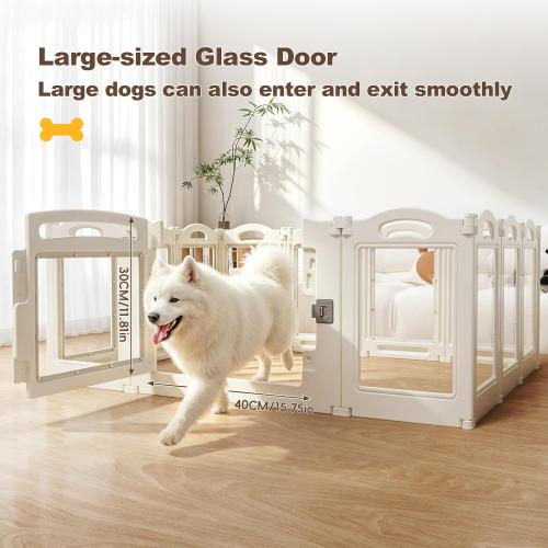 Foldable Clear Acrylic Dog Playpen with Door,  Acrylic Puppy Playpen, Easy Assemble Indoor Pet Fence with White Frame, Clear Dog Playpen for Puppies & Animal