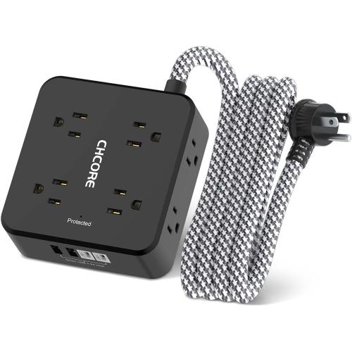 Surge Protector Power Strip - CHCORE 6Ft Braided Extension Cord with 8 Outlets with 4 USB (2 USB C) Charging Ports, Flat Plug Multi Plug Outlet Extender Charging Station for Home Office, ETL, Black