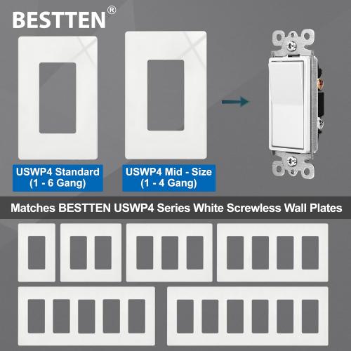 BESTTEN 10 Pack Single Pole Decorator Light Switch with Wallplate, 15A 120/277V, Rocker Paddle Wall Switch, On/Off Interrupter for LED and Other Lamps