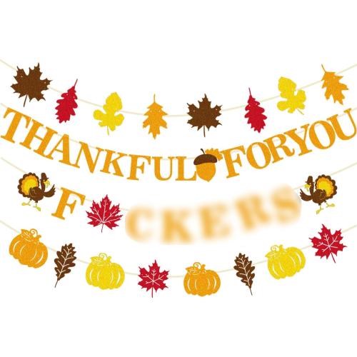 Pre-Strung Friendsgiving Banner - Thankful For You F Banner with Gold Glitter for Friendsgiving Party Decorations No DIY