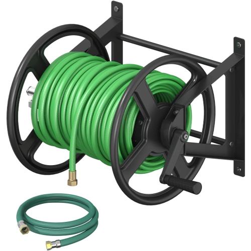 Garden Hose Reel Wall Mounted, Heavy-Duty Water Hose Holder Winder with 3.9 ft Leader Hose & Brass Fitting, Hose Hanger Storage Rack Holds 125-Feet of, 5/8-Inch, for Yard Lawn Farm, Black