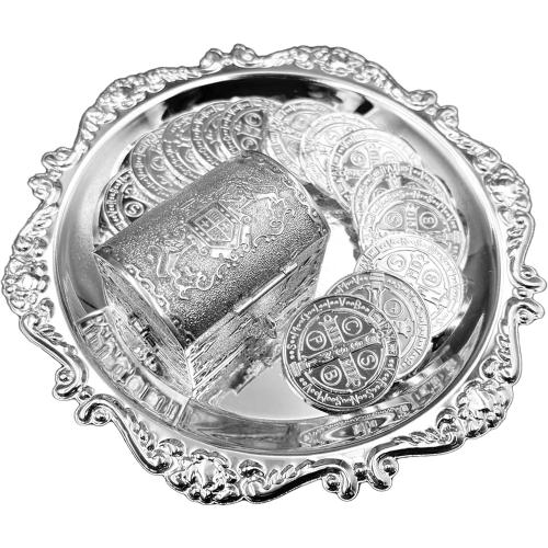 EHV Silver Plated Arras para Boda Wedding Unity Coins with Tray and Treasure Box, Classic Arras Matrimoniales Ceremony, Beautiful Gift Set Marriage (San Benito)