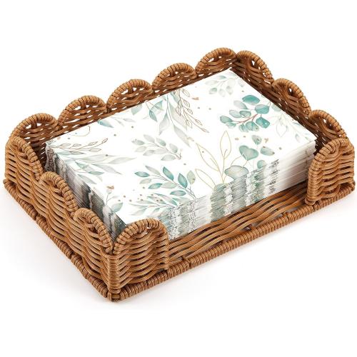 Scalloped Rattan Napkin Holder, 9.8''x6.1''x2.5'' Woven Rectangle Napkin Holder Basket, Wicker Towel Tray for Kitchen Bathroom Restaurant Table Rustic Farmhouse Decor & Organizer