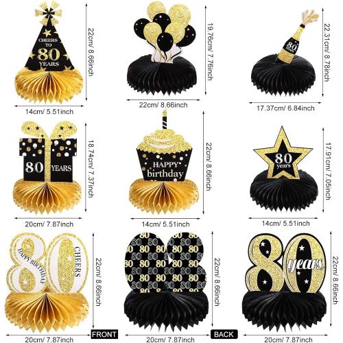 Outus 8 Pieces 80th Birthday Table Decorations for Men and Women, Happy 80th Honeycomb Centerpieces Black Golden 1946 Aged Birthday Party Decorations Tables Toppers for 80 Years Party Supplies