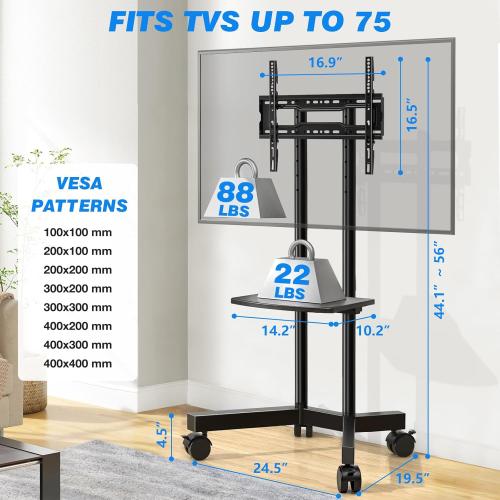 Rfiver Rolling TV Stand with Laptop Shelf, Mobile TV Stand with Upgraded Wheels for 32-75 Inch TVs, Height Adjustable Mobile TV Cart up to 88lbs, Portable TV Mount Stand for Outdoor, Home, Office