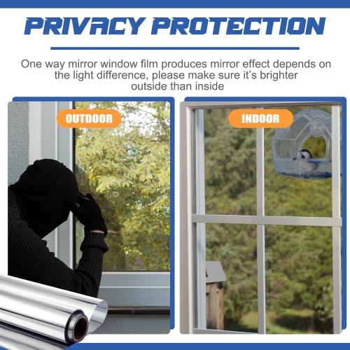 Pushglossy 36 Inch X 26 Ft One Way Window Tint Privacy Reflective Daytime Mirror Film Sun Blocking Thermal Insulated Film Heat Control Static Cling Anti UV for Home Office (Silver)
