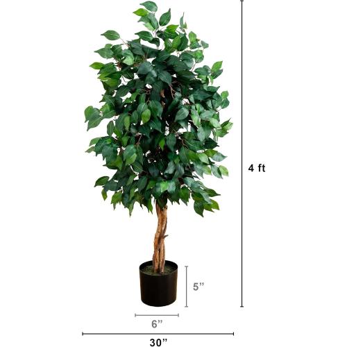 Nearly Natural 4ft Triple Trunk Artificial Ficus Tree with Natural Wood Trunks, Fake Tree for Indoor Home Décor, Faux Ficus Tree with Black Nursery Pot